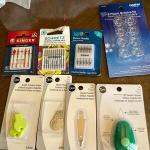 NIB sewing needles, bobbins, needle threaders/cutters, led needle threader